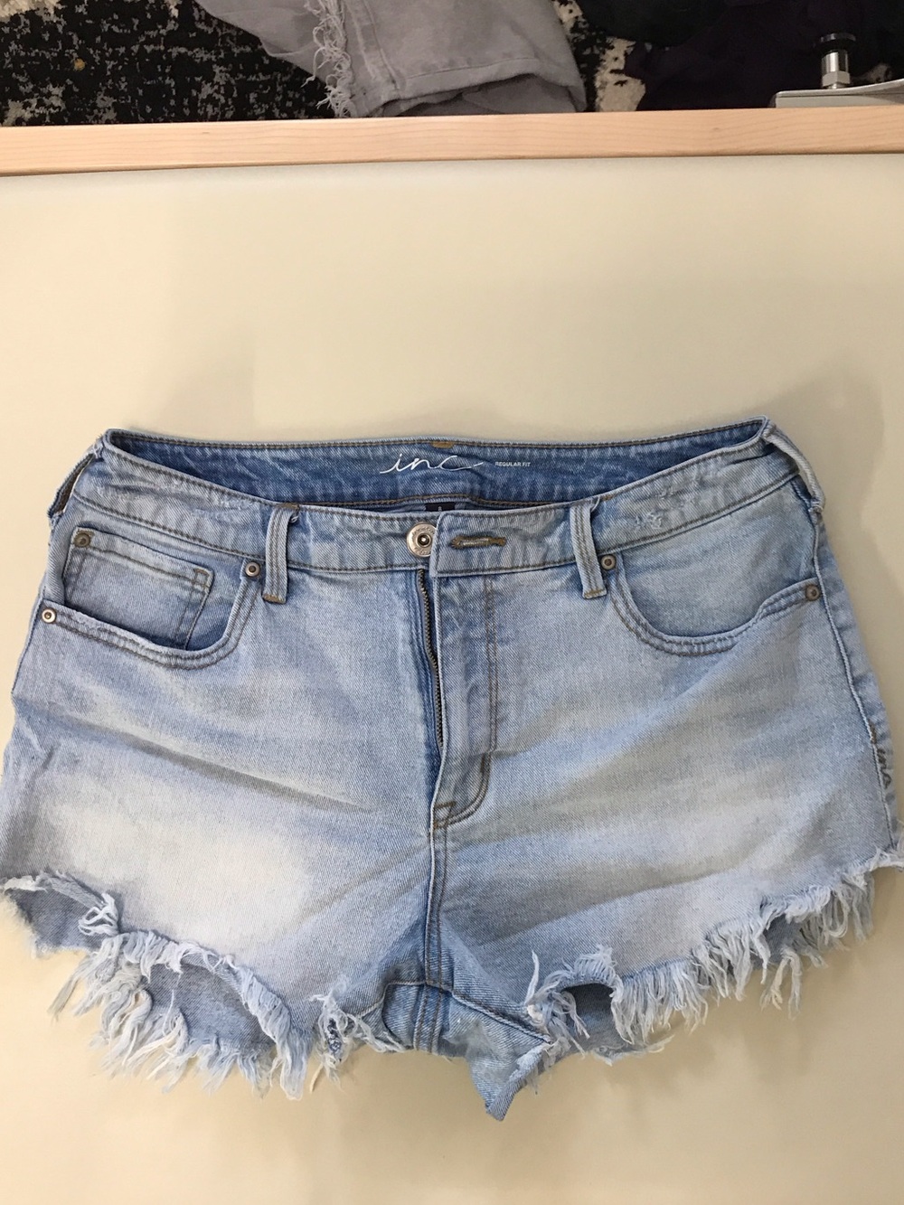 INC International Concepts Light Wash Frayed Denim Shorts